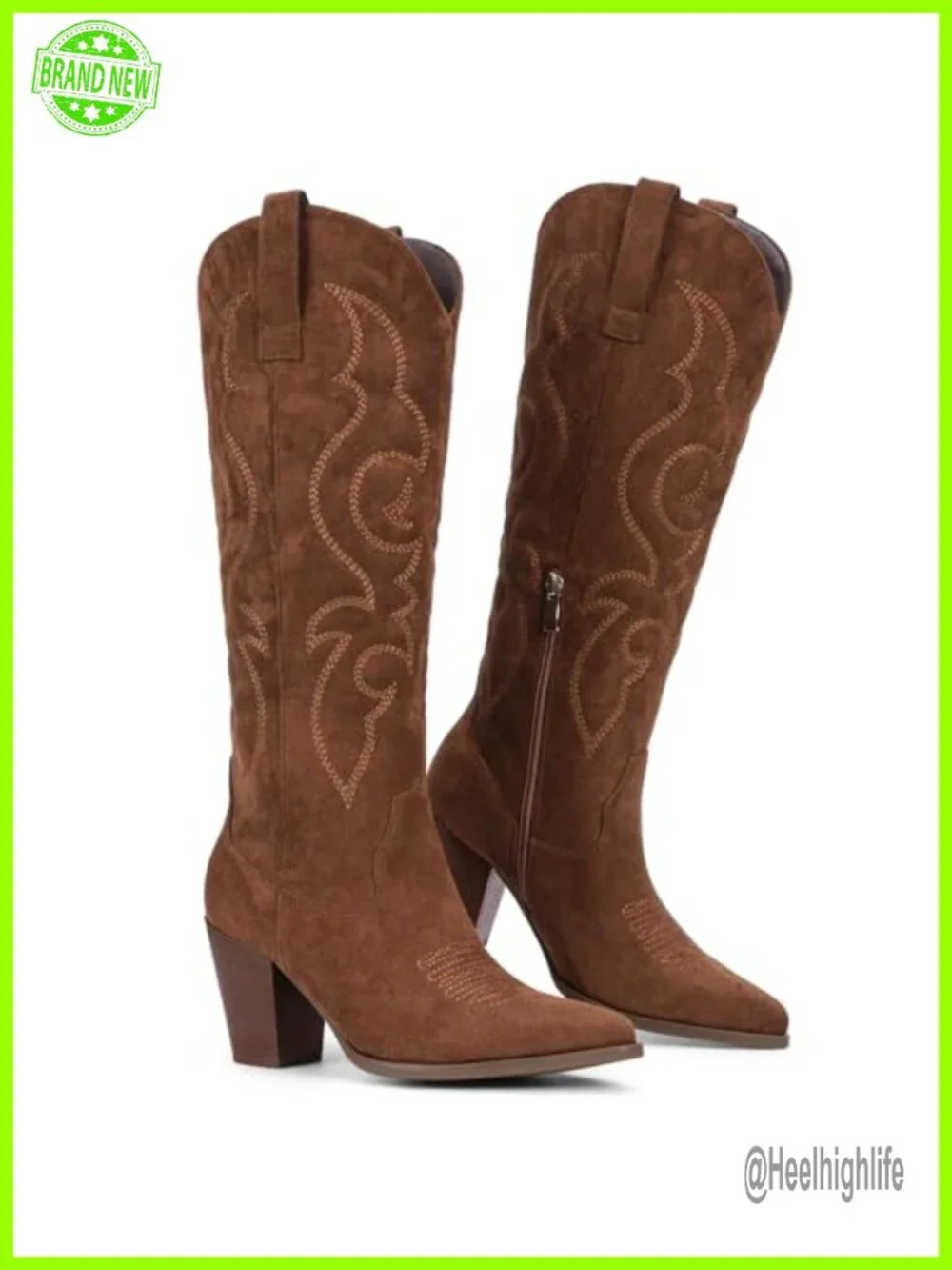 Faux Suede Cowboy Boots - Knee High Western Cowgirl Boots with Side Zipper,